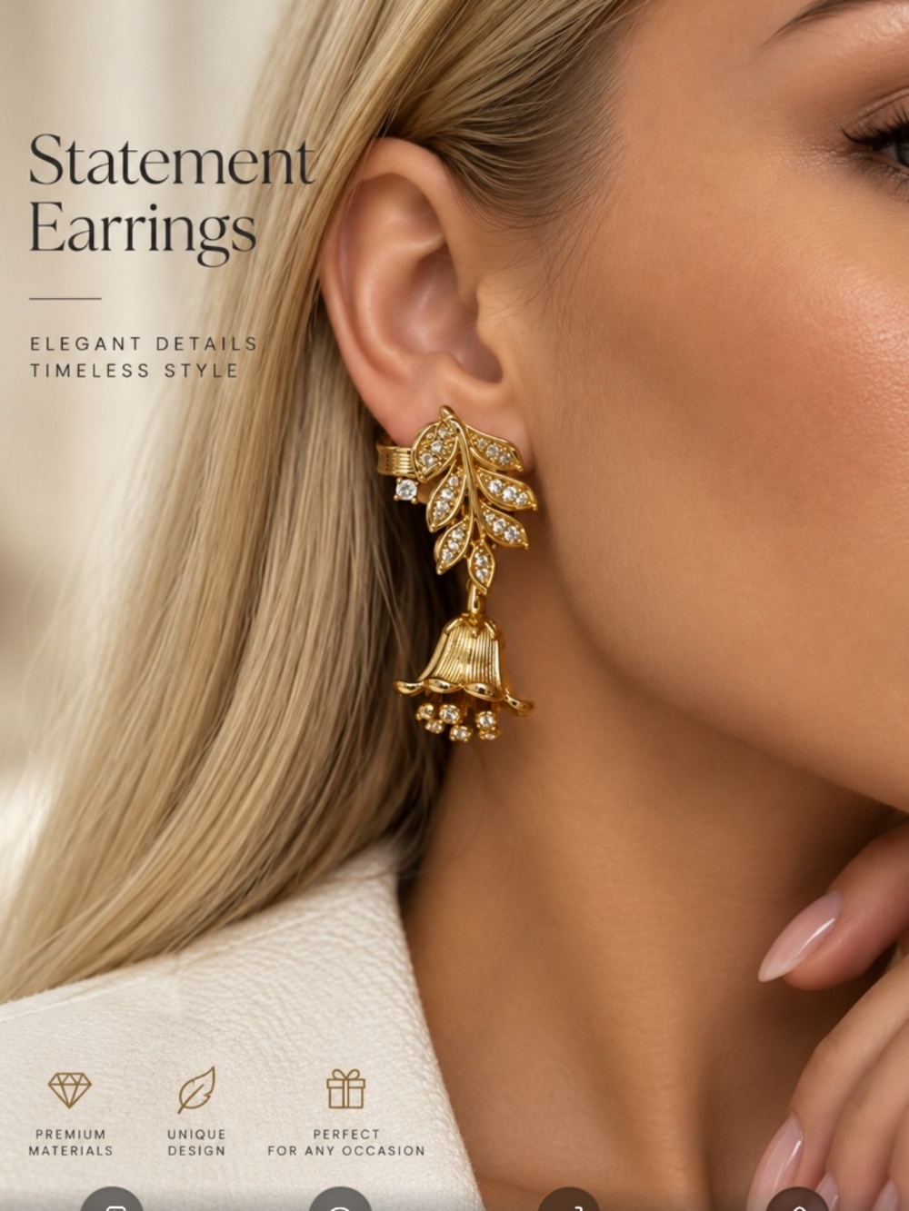 Gold Crystal Floral Drop Earrings